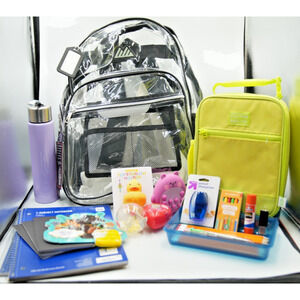 Clear Backpack + Fulton Neon Lunchbox Back-to-School‎ Supply Gift Bundle